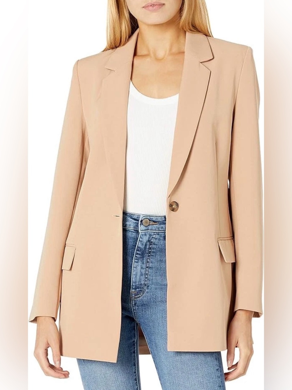 The Drop Women's Blake Long Blazer Tan One Button X-Small Career Officewear